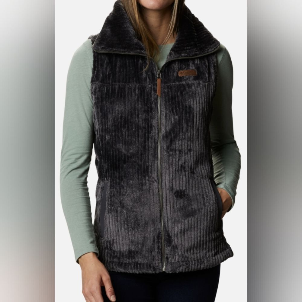 NWT Columbia fire side high-pile sherpa fleece side pockets navy zip up vest,